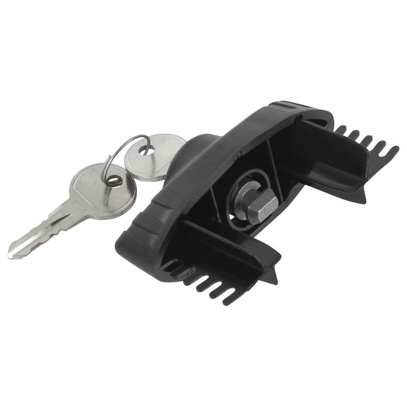 Four black Rhino-Rack Vortex locking end caps with integrated lock barrels and two metal keys