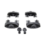Four black Rhino-Rack Vortex Secure Core locking end caps and two metal keys on a white background