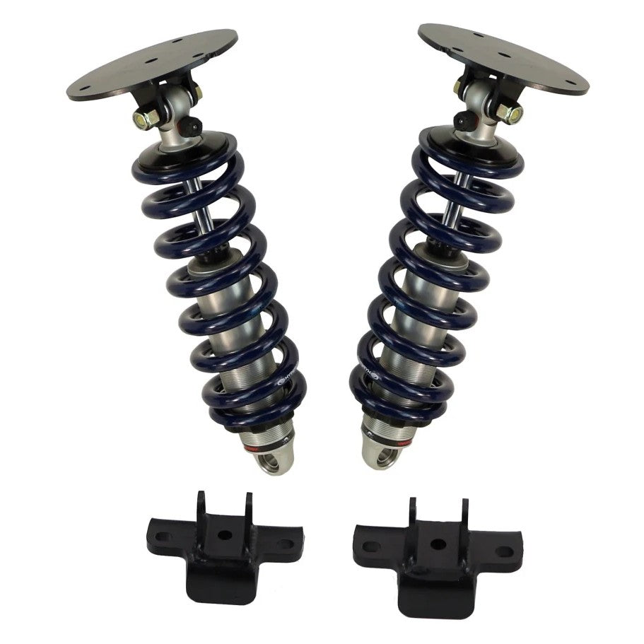 Pair of Ridetech HQ Series front coilovers featuring black springs and adjustable monotube shock bodies.