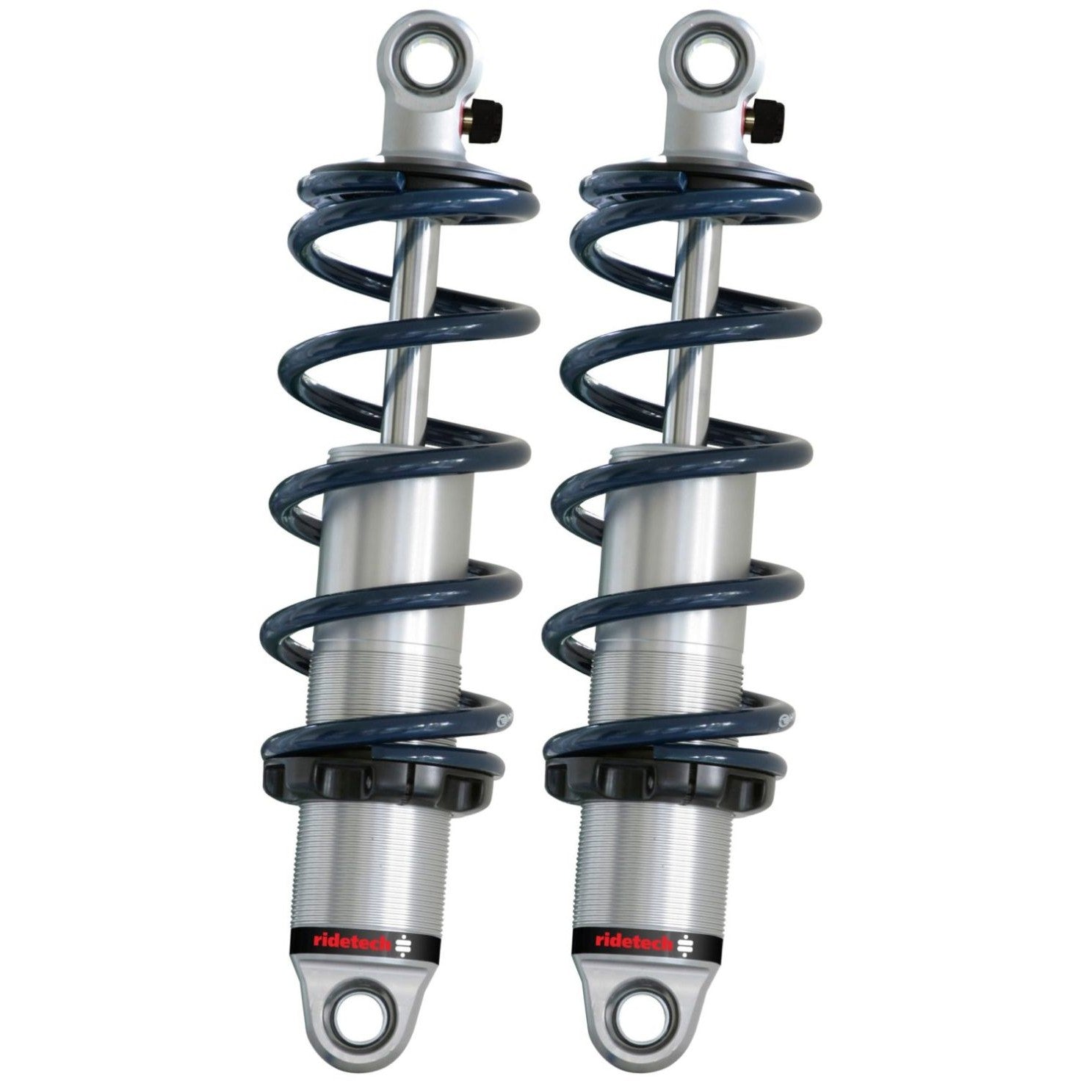 Pair of Ridetech HQ Series rebound adjustable rear coilovers with silver springs and black mounting hardware