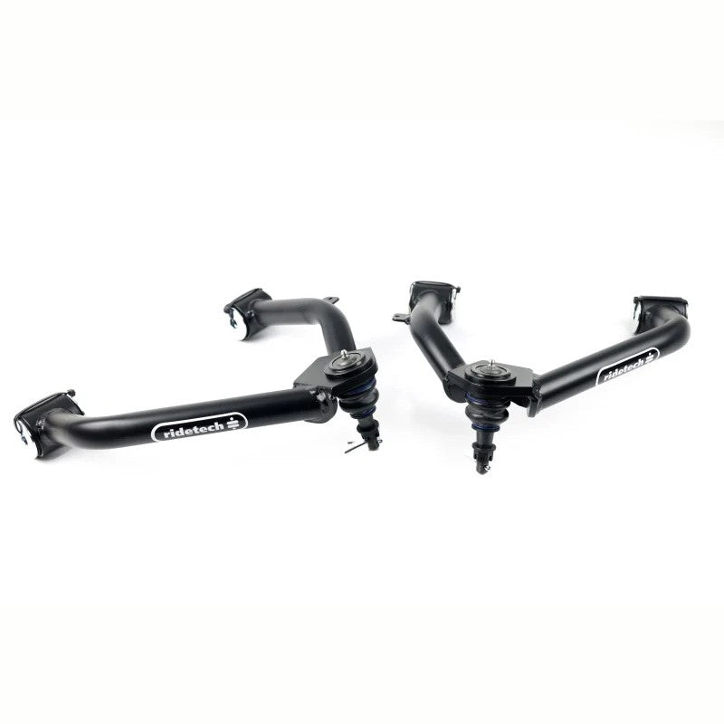 Pair of Ridetech black powder-coated tubular front upper StrongArms with ball joints for 2014-2019 Silverado and Sierra 1500.