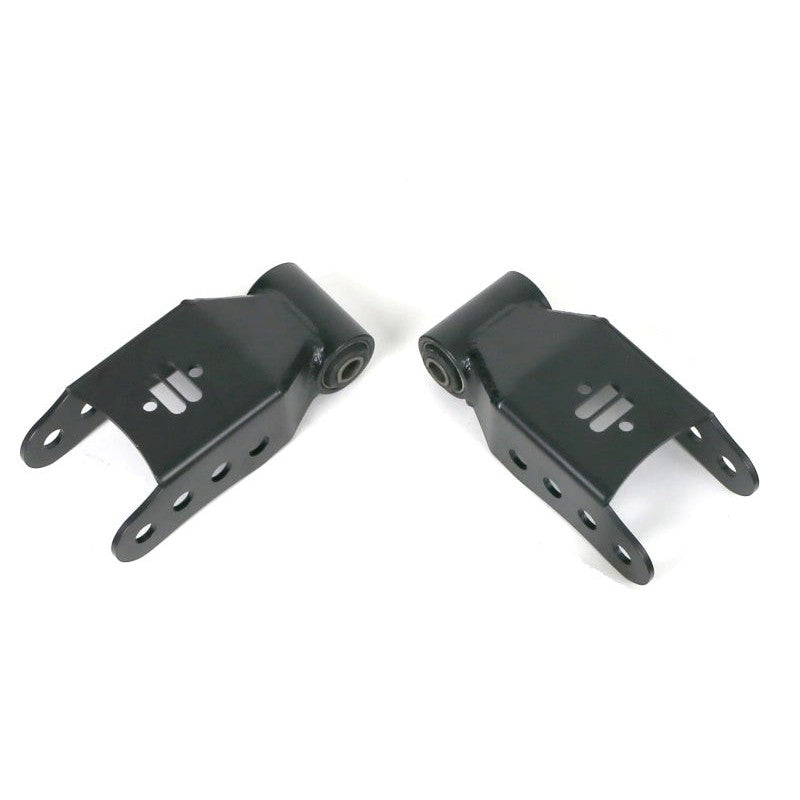 Pair of Ridetech adjustable steel rear lowering shackles for 2015-2025 Ford F-150 trucks.