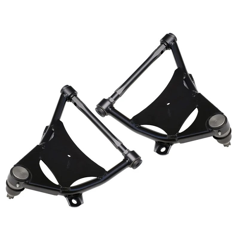 Pair of satin black Ridetech tubular front lower StrongArms with pre-installed ball joints and Delrin bushings