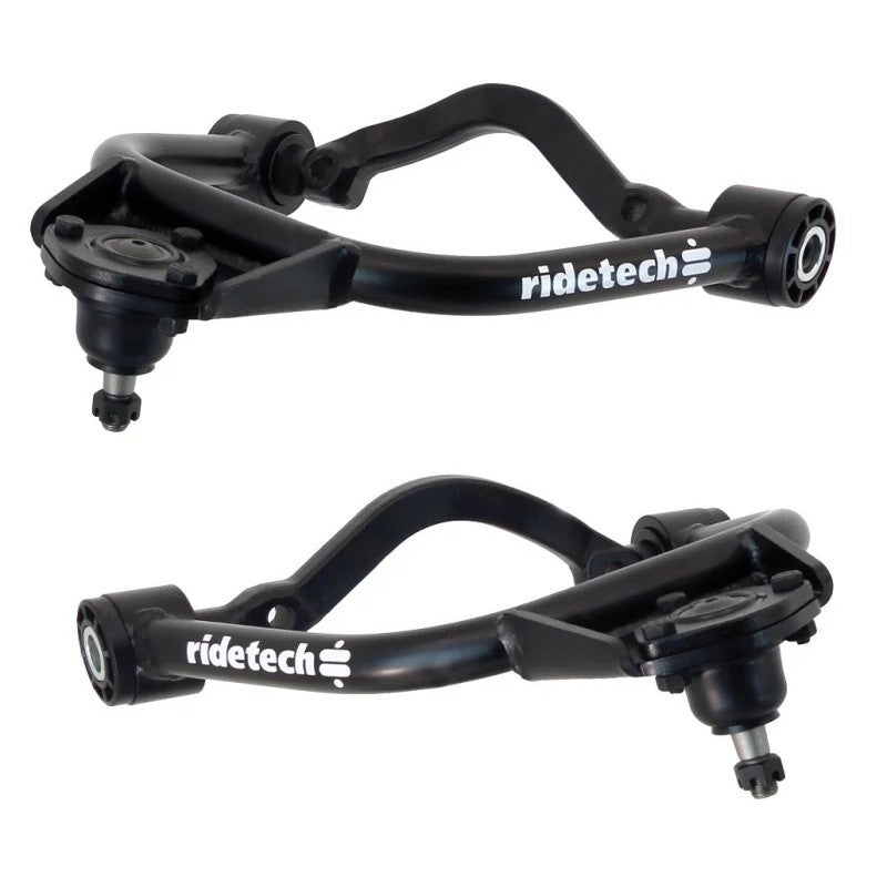Pair of Ridetech satin black tubular front upper StrongArms with ball joints and Delrin bushings for 1958-1964 Chevy.