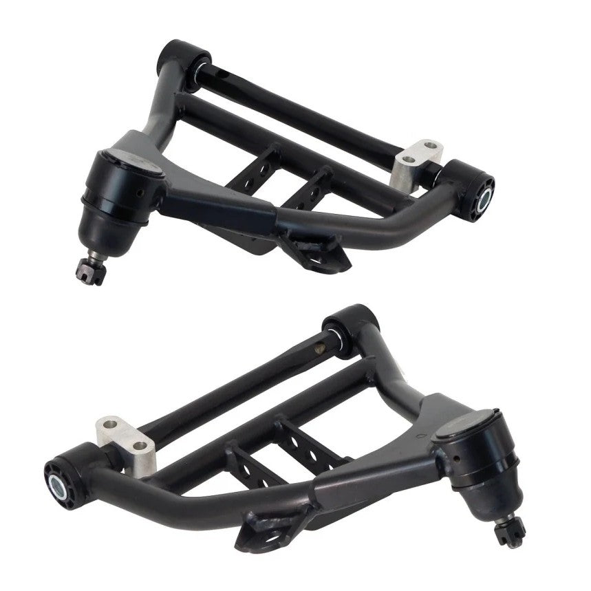 Pair of Ridetech satin black tubular front lower StrongArm control arms with pre-installed ball joints and Delrin bushings.