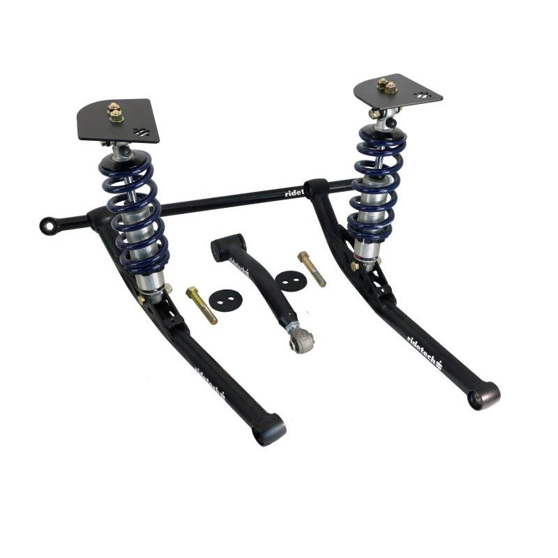 Ridetech rear suspension kit with tubular StrongArms, adjustable HQ Series coilover shocks, and black panhard bar.