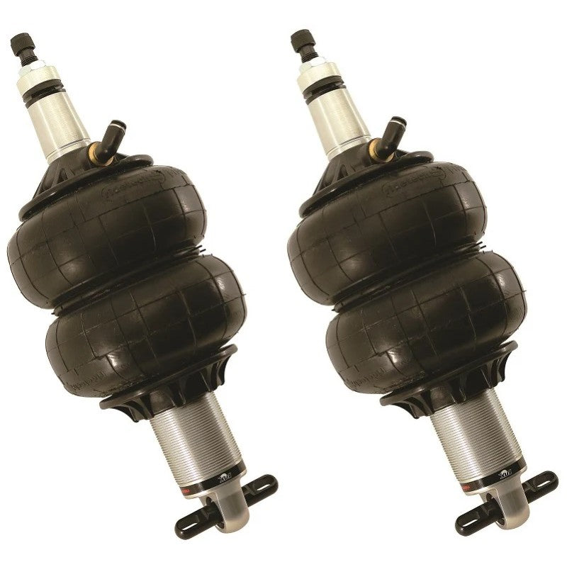 Pair of Ridetech HQ Series Front ShockWaves with black air springs and 1/4 inch airline fittings.