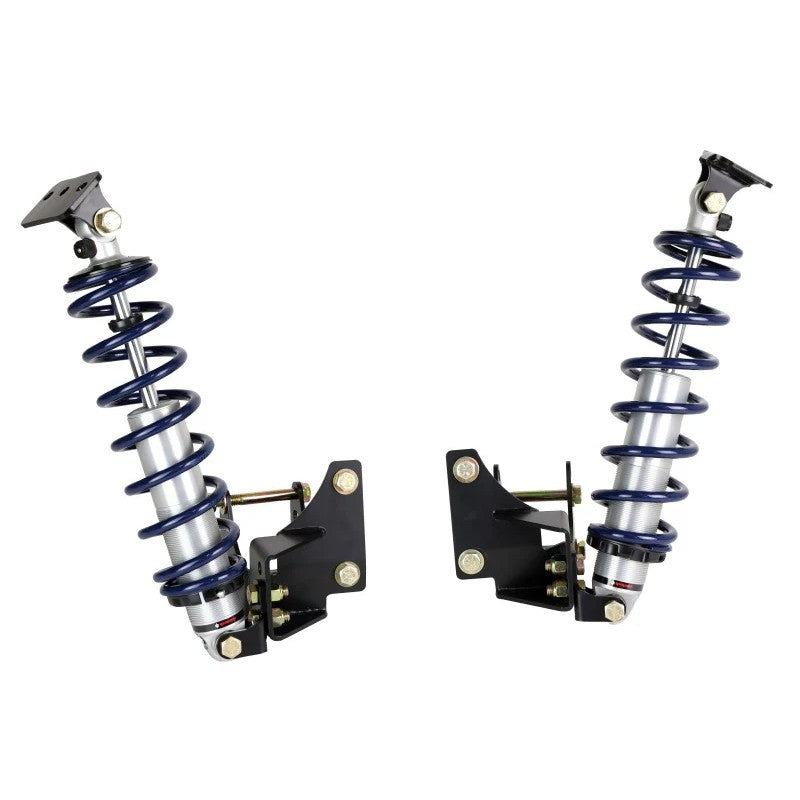 Pair of Ridetech HQ Series rear coilover shocks with black springs and mounting brackets for 1964-1972 GM A-Body