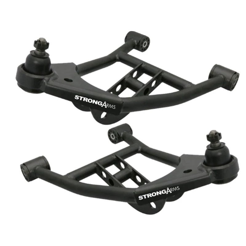 Pair of Ridetech satin black powder-coated tubular front lower StrongArms with pre-installed ball joints and bushings.