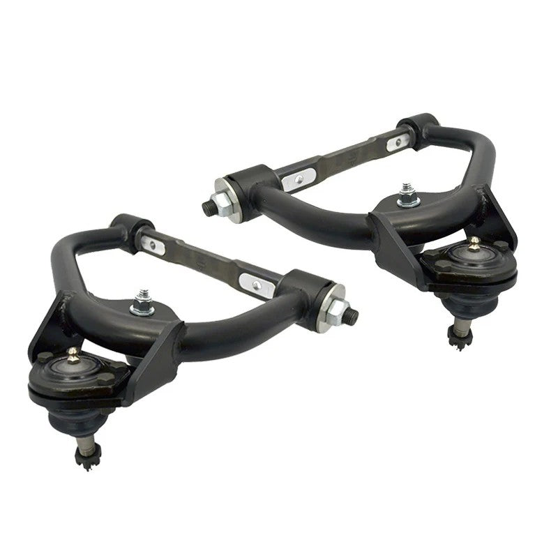 Pair of Ridetech satin black powder-coated tubular front upper StrongArms with Delrin bushings and ball joints.