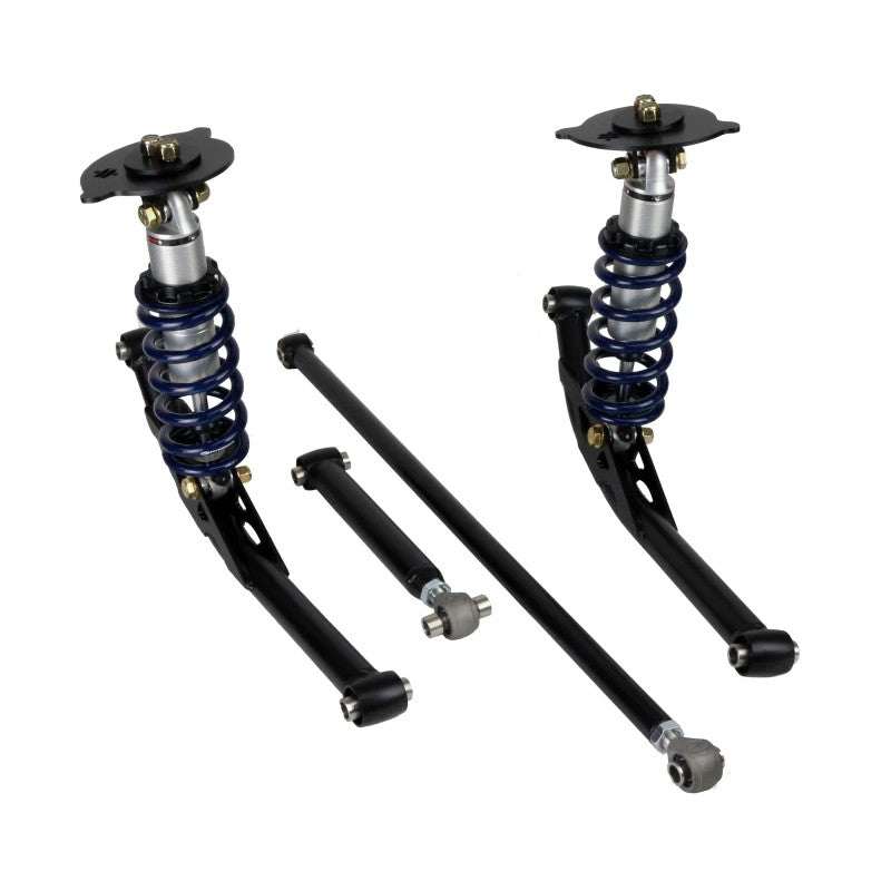 Ridetech rear HQ coilover system with black tubular StrongArms, springs, and panhard bar for 1965-1966 Chevrolet