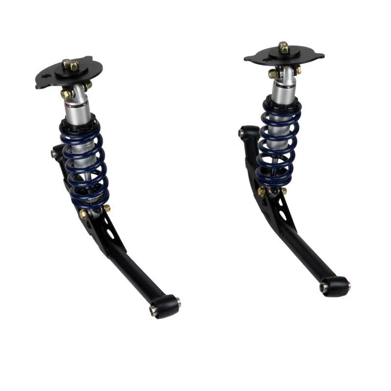 Ridetech HQ Series rear coilover upgrade kit featuring adjustable shocks, springs, and black tubular lower StrongArms.