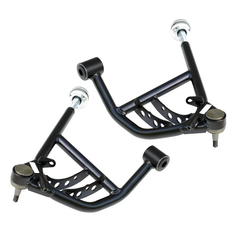 Pair of Ridetech satin black tubular front lower StrongArm control arms for 1965-1970 Chevrolet B-Body.
