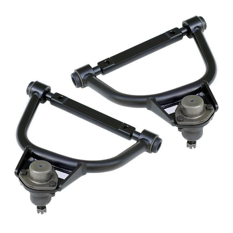 Pair of Ridetech satin black tubular front upper control arms with Delrin bushings and cross shafts for 1965-1970 Chevy.