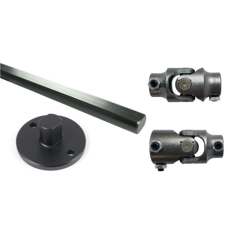 Ridetech steering column adapter kit with two u-joints and a 3/4-inch DD shaft for 1965-1979 Ford trucks.