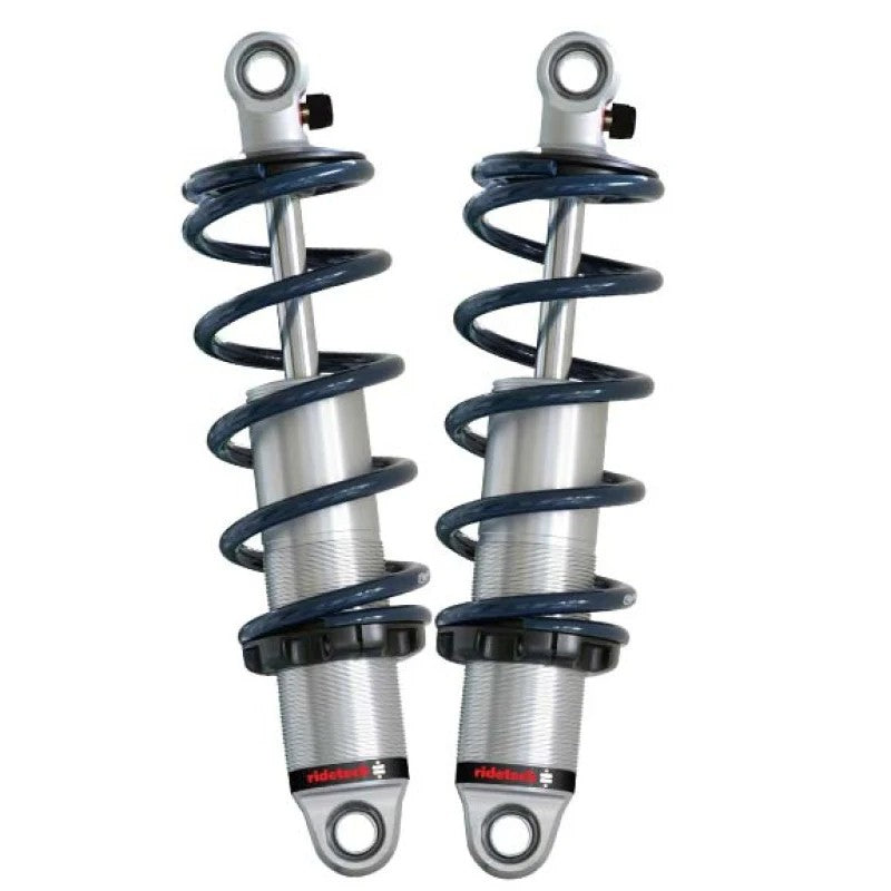 Ridetech HQ Series rear coilover pair with silver springs and adjustable black aluminum shock bodies.