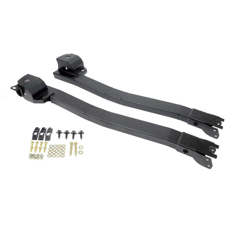 Pair of Ridetech satin black bolt-in subframe connectors for 1967-1969 Camaro and Firebird with mounting hardware.
