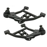 Pair of Ridetech tubular front lower StrongArms with satin black powder coat finish and pre-installed ball joints.