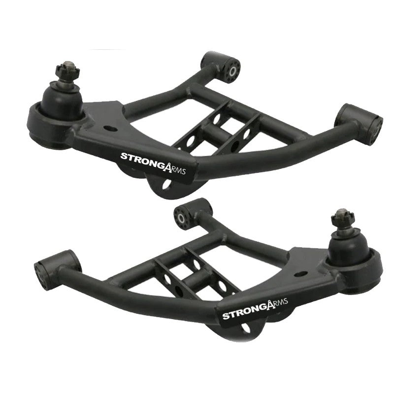 Pair of Ridetech tubular front lower StrongArms with satin black powder coat finish and pre-installed ball joints.