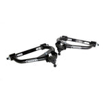 Pair of Ridetech tubular front upper StrongArms in satin black powder coat with ball joints and Delrin bushings installed.