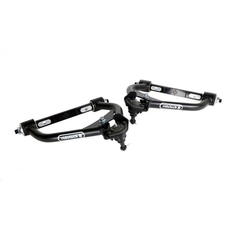 Pair of Ridetech tubular front upper StrongArms in satin black powder coat with ball joints and Delrin bushings installed.