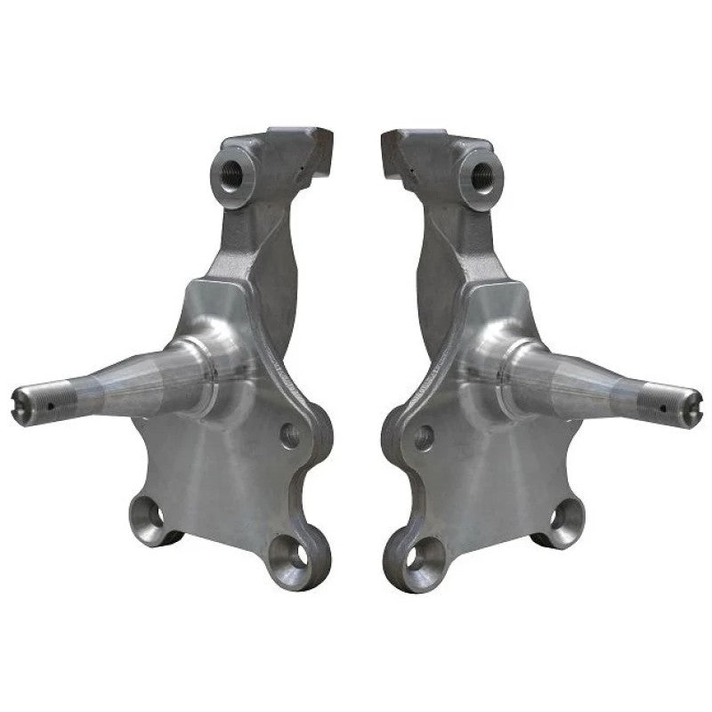 Pair of Ridetech 2-inch drop tall spindles for GM A, F, and X-body muscle cars with included castle nuts and cotter pins.
