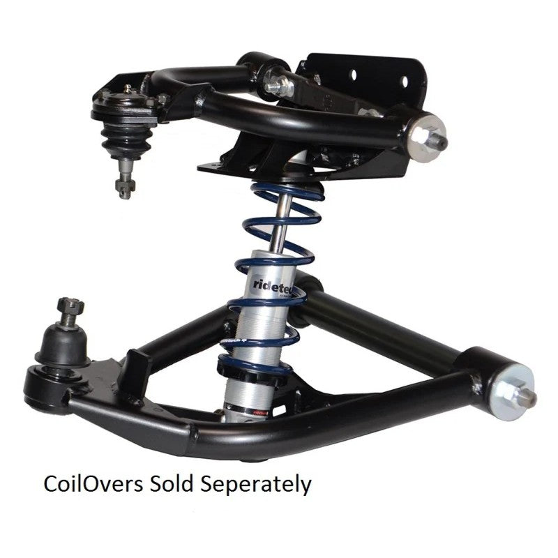 Satin black Ridetech StrongArm front upper and lower tubular control arms with Delrin bushings and ball joints.