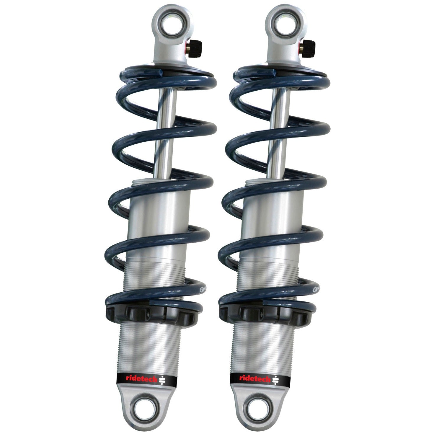 Pair of Ridetech HQ Series adjustable rear coilovers with silver coil springs and black mounting hardware.