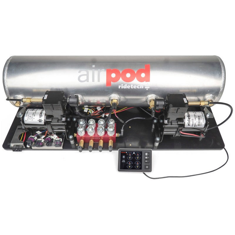 Ridetech RidePro E5 AirPod air suspension control system with 5-gallon tank and dual compressors on an ABS board.