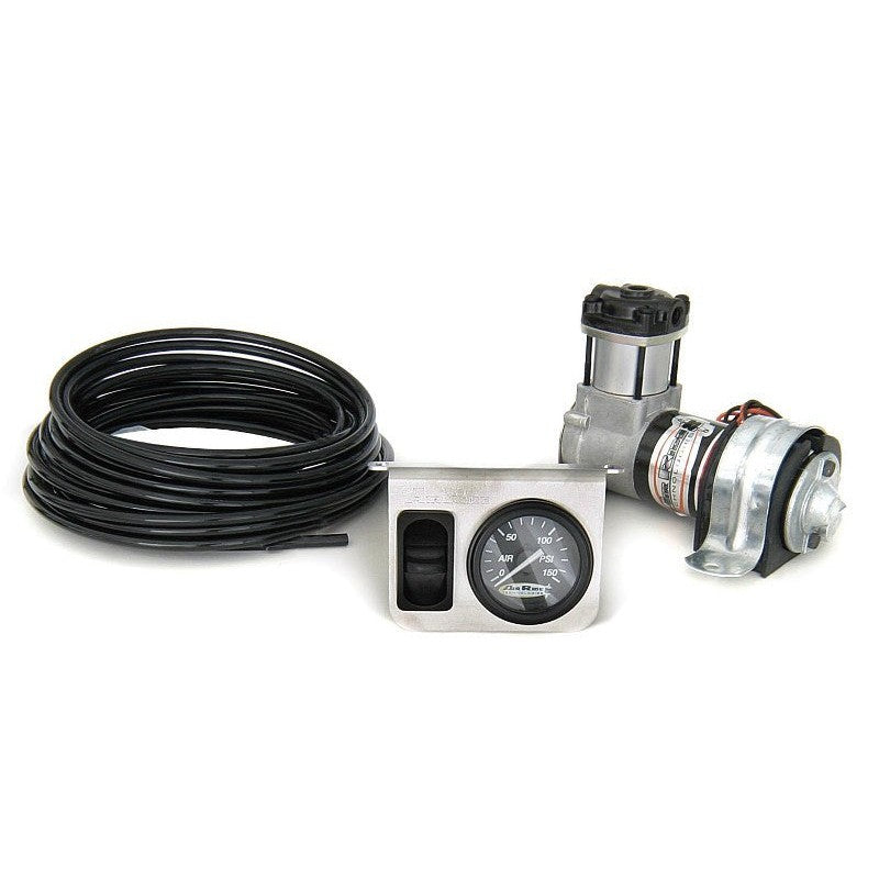 Ridetech Small OverLoad 1-way compressor kit including Model 319 compressor, analog dash gauge, and airline fittings