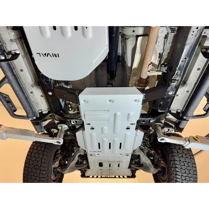 Silver aluminum Rival skid plate for 2010-2024 Toyota 4Runner transmission and catalytic converter protection.