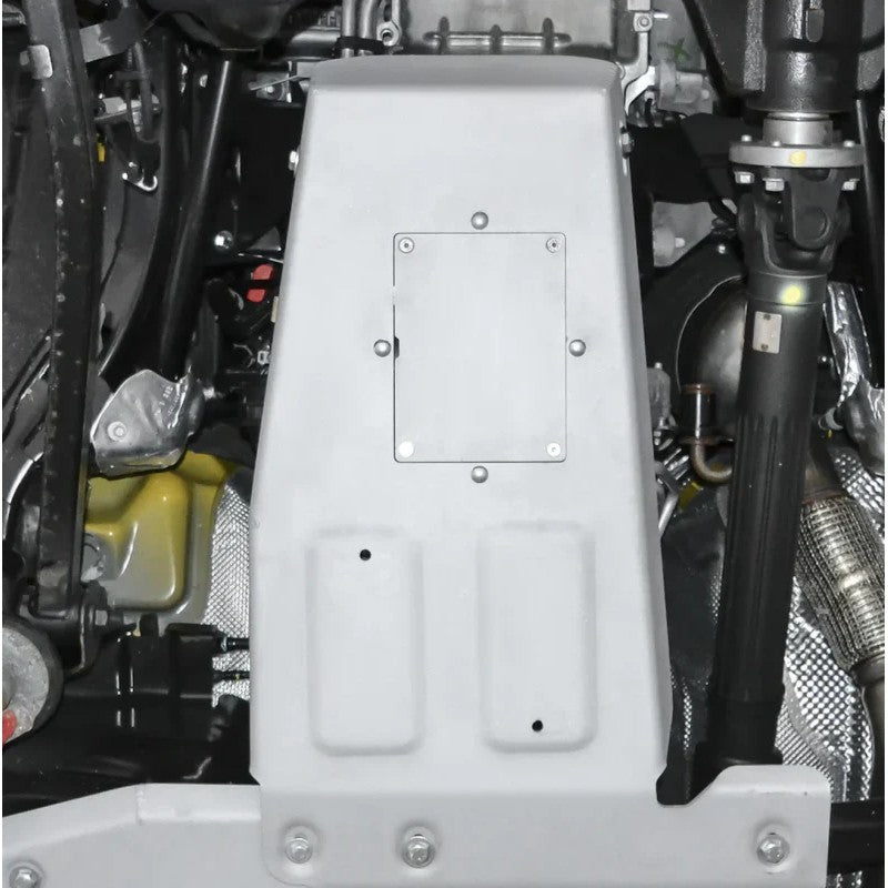 Silver aluminum engine skid plate for 2018-2026 Jeep Wrangler JL with pre-drilled mounting holes
