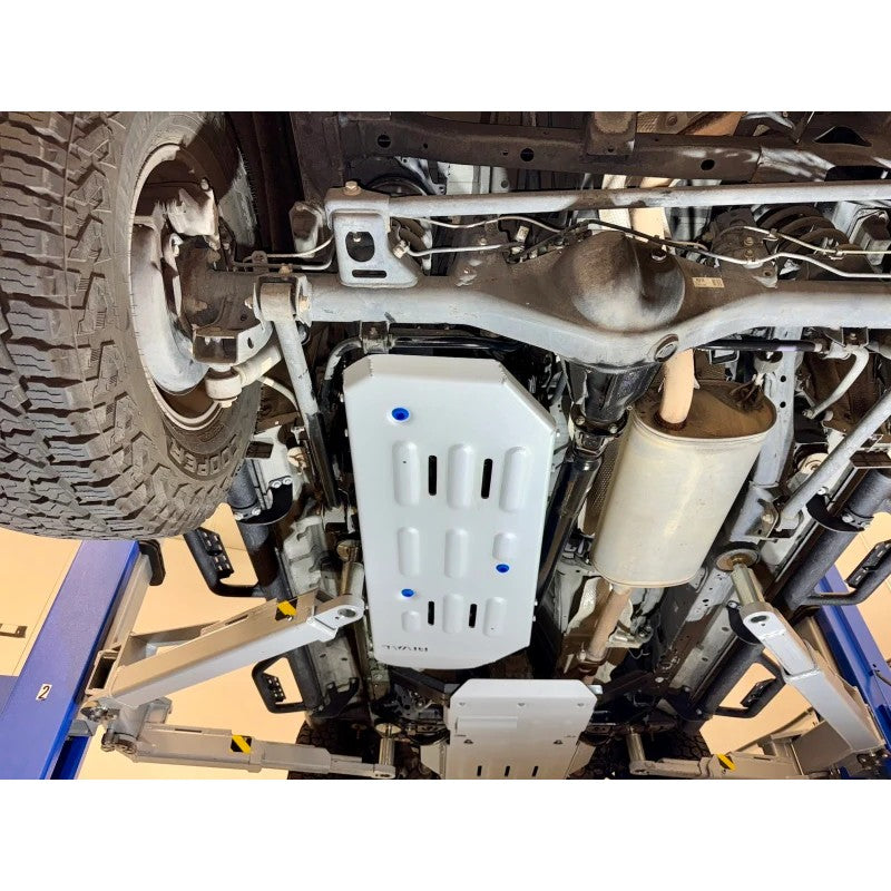 RIVAL deep-stamped 1/4-inch aluminum gas tank skid plate for Toyota 4Runner and Lexus GX460 off-road protection.