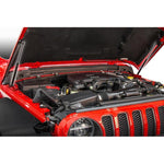 Rival black gas-charged hood lift struts and mounting hardware for 2018-2026 Jeep Wrangler and Gladiator models.
