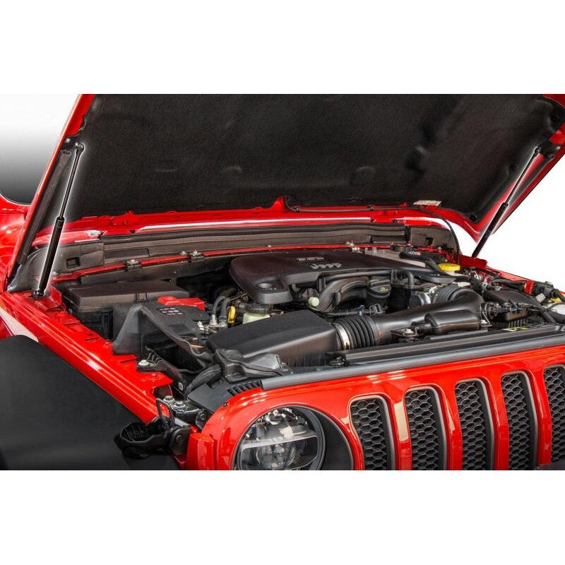 Rival black gas-charged hood lift struts and mounting hardware for 2018-2026 Jeep Wrangler and Gladiator models.