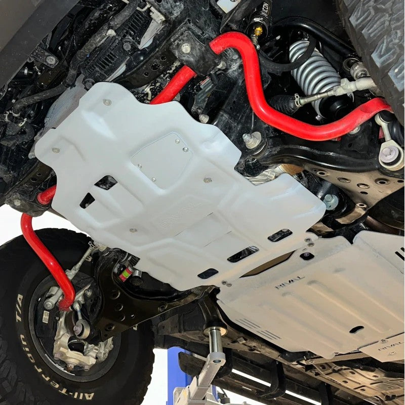 Rival matte metallic silver 1/4-inch aluminum engine skid plate for 2021-2025 Toyota Tundra and Sequoia.