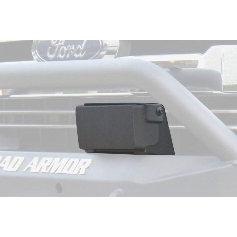 Road Armor textured black adaptive cruise control module relocation bracket for 2017-2020 Ford F-150 and F-250.