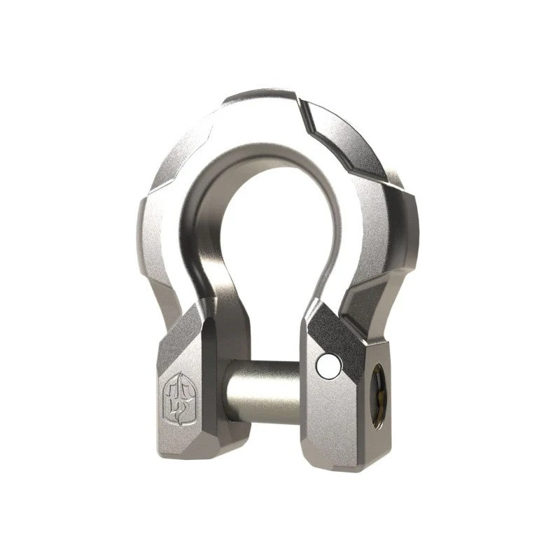 Raw aluminum finished Road Armor iDentity series recovery shackle for off-road bumper mounts.