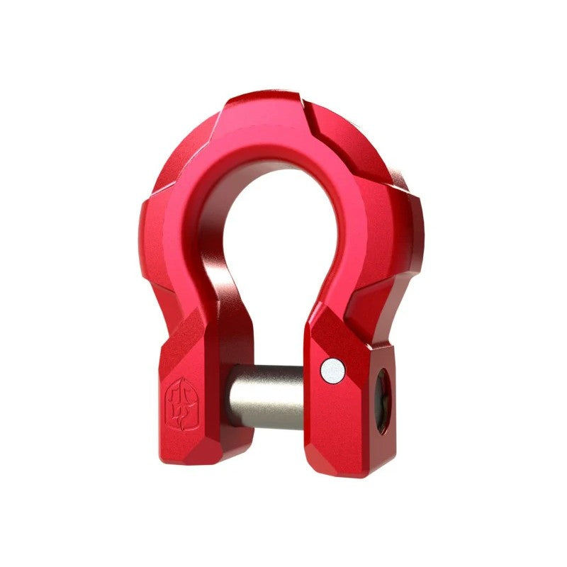 Road Armor iDentity series red aluminum recovery shackles featuring a smooth finish and threaded attachment pins.