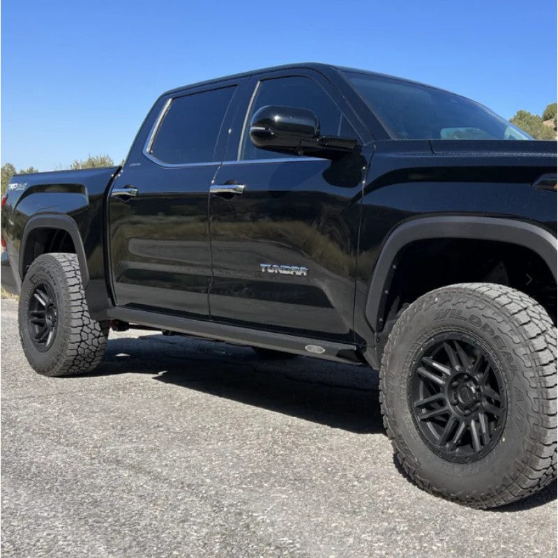 Black powdercoat steel driver-side rock slider for 2022-2024 Toyota Tundra.