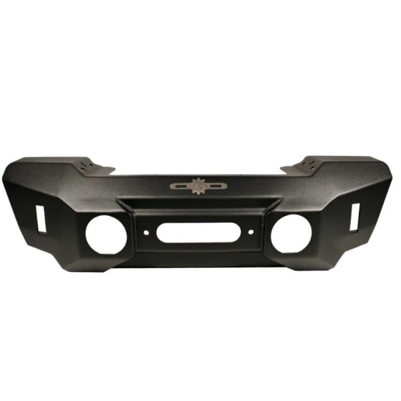 Black steel mid stubby front bumper with integrated winch plate for Jeep Wrangler JL and Gladiator JT.