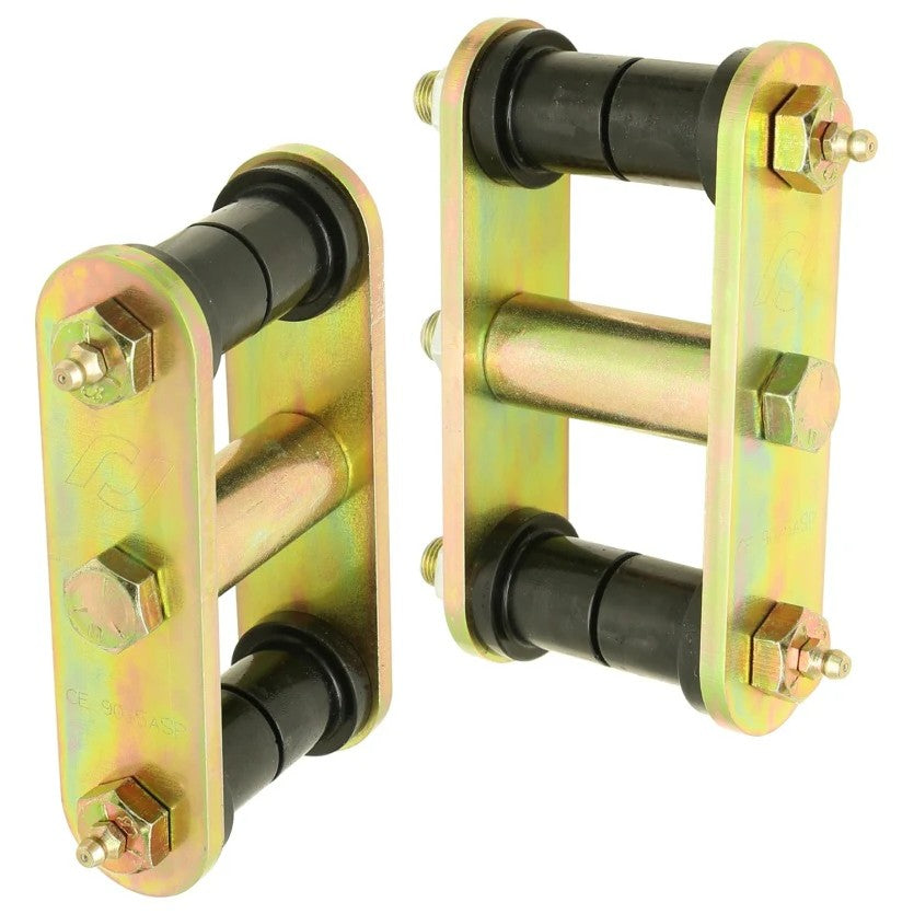 RockJock gold zinc-plated heavy duty front leaf spring shackles with blue urethane bushings and greasable hardware.