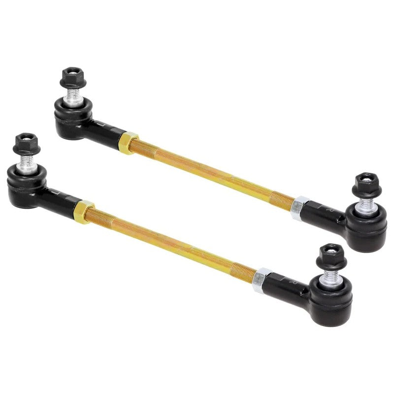 Pair of RockJock adjustable sway bar end links with 10.5-inch rods, sealed rod ends, and gold zinc plated hardware.