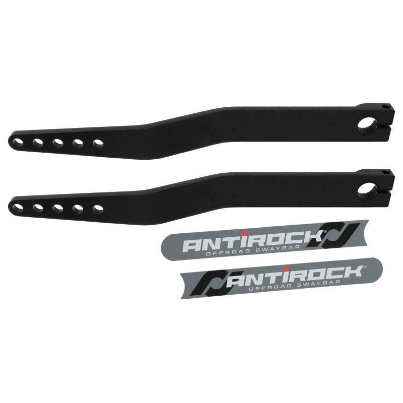 Pair of RockJock Antirock black powder-coated fabricated steel sway bar arms with 1.7-inch offset and 5 adjustment holes.