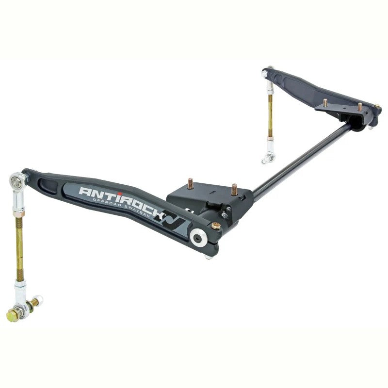 RockJock Antirock front sway bar kit featuring a 1-inch chromoly bar, forged arms, and black steel mounting brackets.