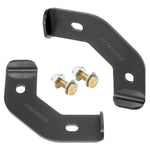 Pair of RockJock front brake line relocation brackets with mounting bolts and hardware for Jeep Wrangler and Gladiator.