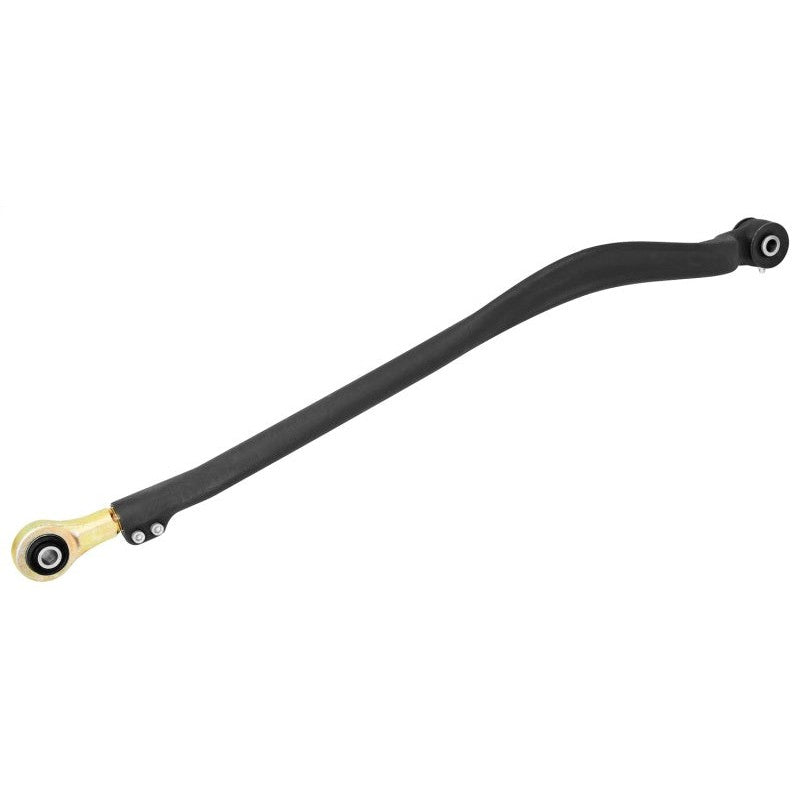 RockJock forged chromoly adjustable front track bar with black powder coat and gold zinc Johnny Joint rod ends.