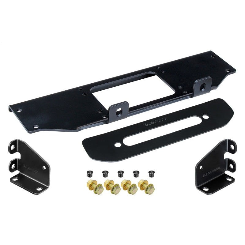RockJock black steel winch mounting plate for 2018-2026 Jeep Wrangler JL and Gladiator JT factory steel bumpers.
