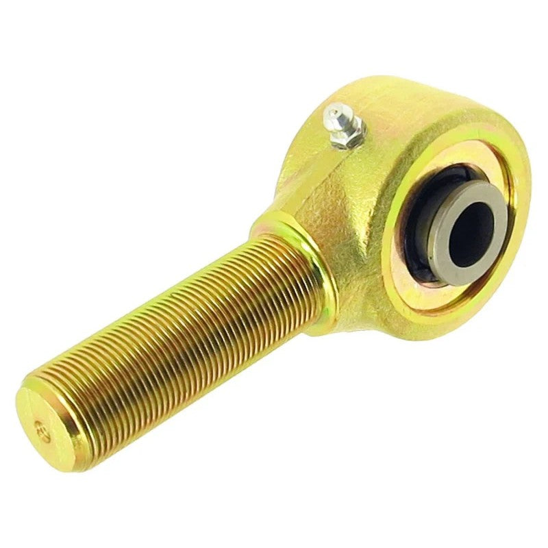 Gold zinc plated RockJock Johnny Joint narrow forged rod end with a 7/8-14 right hand threaded shank and zerk fitting.