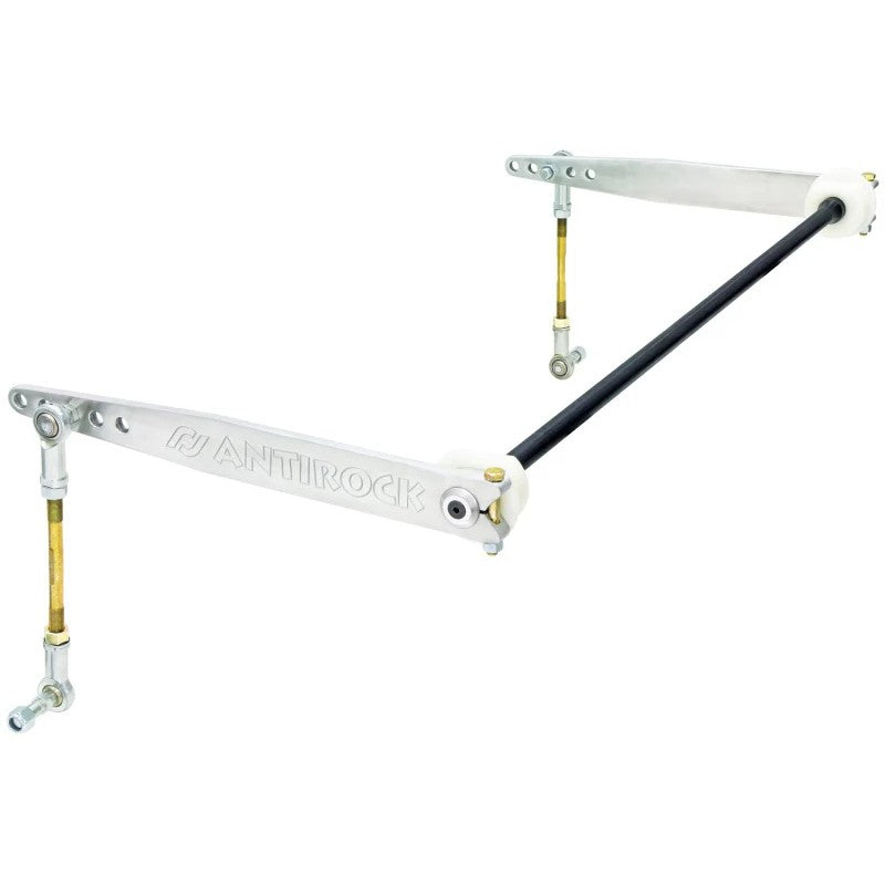 RockJock Antirock front sway bar kit including SAE 4130 steel bar, billet aluminum arms, and mounting hardware.